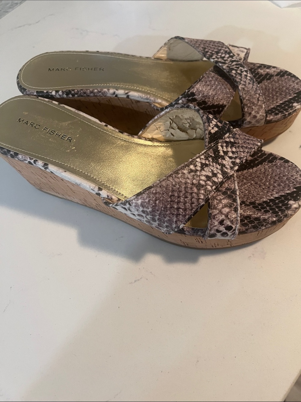 Marc Fisher Taupe Snake-Print Cork Platform Slides with Gold Insole